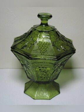 🌸 Vintage Anchor Hocking Avocado Green Pressed Glass Candy Dish with Lid/Top